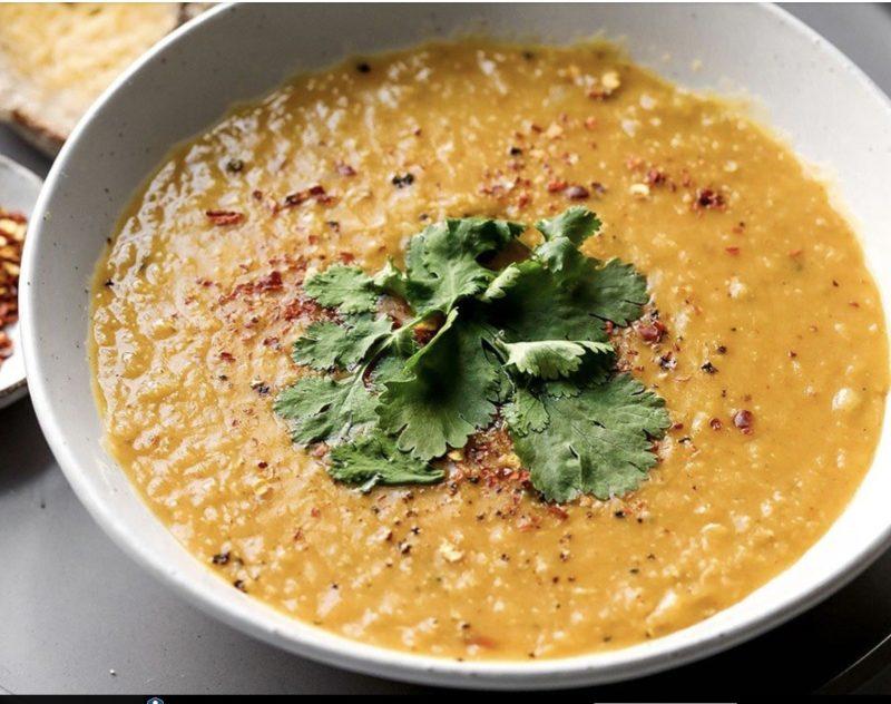 Iraqi Spinach and kidney bean sabzi, red lentil soup and basmati rice